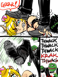 Rule 34 | 1boy, 1girl, abuse, armlet, blood, boots, bowsette, cocktail glass, colored skin, comic, crown, cup, drawfag, drinking glass, english text, eyelashes, fingernails, formal, frog boy, furry, furry male, green skin, highres, long fingernails, mario (series), meme, new super mario bros. u deluxe, nintendo, pepe the frog, pointy ears, ryona, spiked armlet, suit, super crown, thick eyebrows, v-shaped eyebrows, white background