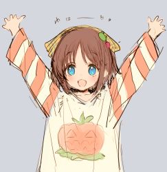 Rule 34 | 1girl, :d, arms up, blue eyes, brown hair, character request, copyright request, fang, frog hair ornament, grey background, hair ornament, jack-o&#039;-lantern print, open mouth, original, simple background, sketch, skin fang, smile, solo, striped sleeves, tatami to hinoki, waha~ (meme)