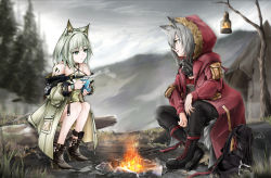 Rule 34 | 2girls, :d, animal ear fluff, animal ears, arknights, bad id, bad pixiv id, bag, bare shoulders, bare tree, black choker, black footwear, black pants, boots, campfire, choker, cloud, cloudy sky, commentary request, criss-cross halter, cross-laced footwear, cup, fire, from side, fur-trimmed jacket, fur trim, grass, green eyes, grey jacket, halterneck, high heel boots, high heels, highres, hood, hooded jacket, jacket, jewelry, kal&#039;tsit (arknights), lace-up boots, lantern, long sleeves, looking at another, material growth, multiple girls, off-shoulder jacket, off shoulder, open mouth, oripathy lesion (arknights), outdoors, pants, profile, projekt red (arknights), red jacket, rhodes island logo (arknights), ring, short hair, silver hair, sitting, sky, smile, steam, tail, tree, watch, wolf ears, wolf tail, wristwatch, yellow eyes, yokaze (yokajie)