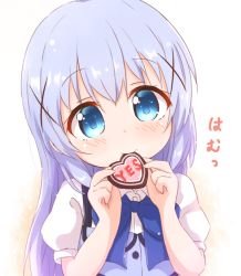 Rule 34 | 1girl, araki495, blue bow, blue eyes, blue hair, blue vest, blush, bow, candy, chocolate, chocolate heart, closed mouth, collared shirt, commentary request, dress shirt, food, food in mouth, gochuumon wa usagi desu ka?, hair between eyes, hair ornament, hands up, heart, holding, holding food, kafuu chino, long hair, looking at viewer, puffy short sleeves, puffy sleeves, rabbit house uniform, revision, shirt, short sleeves, solo, translation request, uniform, upper body, vest, waitress, white shirt, x hair ornament, yes
