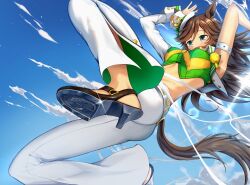 Rule 34 | 1girl, absurdres, ahoge, animal ears, arm belt, arms up, asymmetrical sleeves, banpunsik, bell-bottoms, belt, blue sky, breasts, brown hair, clothing cutout, cloud, cloudy sky, commentary request, cropped shirt, foot out of frame, green eyes, green shirt, hair between eyes, hair ornament, hairclip, hat, high heels, highres, horse ears, horse girl, horse tail, lens flare, long hair, medium breasts, midair, midriff, mini hat, mini top hat, mr. c.b. (umamusume), open mouth, pants, pom pom (clothes), shirt, sky, smile, sunlight, tail, tail through clothes, tilted headwear, top hat, umamusume, white belt, white headwear, white pants, wrist cuffs