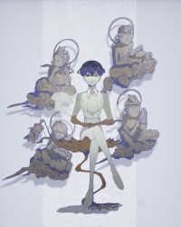 Rule 34 | 1other, absurdres, buddhism, character request, crossed legs, expressionless, flower, grey background, high heels, highres, houseki no kuni, looking at viewer, lotus, phosphophyllite (ll), purple eyes, purple hair, red flower, shadow, shirt, short hair, sitting, sokura (mochichitose), solo, toes, white footwear, white shirt