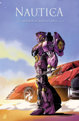 Rule 34 | autobot, commentary, dyemooch, english commentary, from side, highres, holding, holding wrench, insignia, kaze no tani no nausicaa, logo parody, looking ahead, mecha, nautica (transformers), no humans, parody, poster (medium), road rage (transformers), robot, standing, the transformers (idw), transformers, visor, wrench