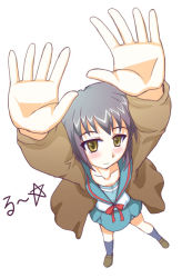 Rule 34 | 00s, 1girl, arms up, cardigan, nagato yuki, outstretched arms, purple hair, school uniform, serafuku, short hair, solo, suzumiya haruhi no yuuutsu