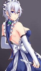 Rule 34 | 1girl, adapted costume, backless dress, backless outfit, blue dress, blue eyes, bow, braid, breasts, bridal gauntlets, detached sleeves, dress, from behind, green bow, grey background, hair between eyes, hair bow, highres, holding, holding knife, izayoi sakuya, knife, long sleeves, looking back, maid headdress, medium breasts, short hair, sideboob, silver hair, simple background, sleeveless, sleeveless dress, solo, standing, touhou, twin braids, white bow, white sleeves, zellam