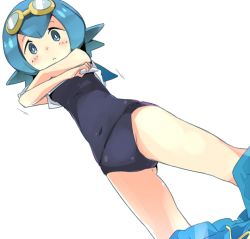 Rule 34 | 1girl, arms up, blue eyes, blue hair, blue one-piece swimsuit, blue pants, blush, breasts, clothes lift, clothes pull, covered navel, creatures (company), dutch angle, female focus, from below, game freak, goggles, goggles on head, ixy, lana (pokemon), legs apart, looking at viewer, matching hair/eyes, nintendo, one-piece swimsuit, pants, pants pull, pokemon, pokemon sm, shirt, shirt lift, short hair, simple background, small breasts, solo, standing, swimsuit, undressing, white background, white shirt