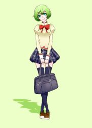 Rule 34 | 1girl, black thighhighs, bob cut, bow, bowtie, commentary request, green background, green eyes, green hair, long sleeves, mahou shoujo madoka magica, michuamin, plaid, plaid skirt, pleated skirt, red bow, school uniform, short hair, simple background, skirt, smile, socks, solo, standing, tagme, thighhighs, undo pia