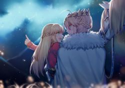 Rule 34 | 2girls, aged down, ahoge, alternate hairstyle, artoria pendragon (fate), artoria pendragon (lancer) (fate), blonde hair, blurry, blush, braid, cape, capelet, carrying, child carry, crown, crown braid, depth of field, fate/grand order, fate (series), french braid, fur-trimmed capelet, fur trim, green eyes, horse, lion king (lancer) (fate), long hair, looking at another, mordred (fate), mordred (fate/apocrypha), mother and daughter, multiple girls, night, reins, smile, very long hair, white cape, yorukun