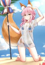 Rule 34 | 10s, 1girl, absurdres, animal ear fluff, animal ears, arm up, beach umbrella, bikini, blue bikini, blush, breasts, brown eyes, cleavage, closed umbrella, covered navel, fate/extra, fate/grand order, fate (series), fox ears, fox tail, highres, kneeling, long hair, looking at viewer, moyoron, navel, pink hair, see-through, shirt, smile, solo, swimsuit, t-shirt, tail, tamamo (fate), tamamo no mae (fate/extra), tamamo no mae (swimsuit lancer) (fate), tamamo no mae (swimsuit lancer) (second ascension) (fate), umbrella, wet, wet clothes