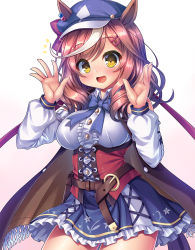 Rule 34 | animal ears, belt, belt pouch, blush, breasts, brown hair, cape, commentary request, green eyes, hair ornament, hairclip, hat, horse ears, looking at viewer, matikane tannhauser (umamusume), medium breasts, medium hair, open mouth, pouch, ribbon, simple background, solo, takeponi, thighs, umamusume, white background