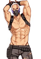 Rule 34 | 1boy, abs, arms up, blue eyes, cowboy shot, highres, jade won, looking at viewer, male focus, mask, muscular, navel, nipples, overwatch, overwatch 1, pectorals, restrained, scar, simple background, soldier: 76 (overwatch), solo, topless male, torn clothes, white hair, won jade