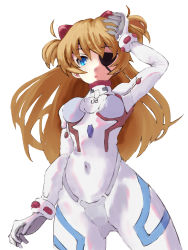 Rule 34 | 1girl, absurdres, artist request, blue eyes, bodysuit, breasts, brown hair, covered navel, cowboy shot, evangelion: 3.0+1.0 thrice upon a time, eyepatch, gloves, hair ornament, highres, legs apart, long hair, looking at viewer, looking down, medium breasts, neon genesis evangelion, one eye covered, plugsuit, rebuild of evangelion, shiny clothes, shiny skin, simple background, skin tight, solo, souryuu asuka langley, twintails, two side up, very long hair, white background, white bodysuit, white gloves, wide hips
