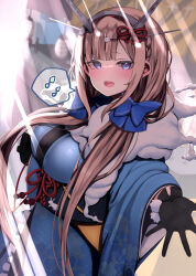 Rule 34 | 1girl, alternate costume, atsutoku, black gloves, blue bow, blue eyes, blue kimono, bow, braid, breasts, fur collar, furisode, gloves, hair bow, hair ornament, headgear, highres, japanese clothes, kantai collection, kimono, large breasts, light brown hair, long hair, looking at viewer, low twintails, maryland (kancolle), obi, rabbit hair ornament, sash, side braids, solo, speech bubble, standing, twintails, wide sleeves
