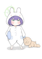 Rule 34 | 1girl, alternate costume, animal costume, barefoot, blue archive, blunt bangs, chibi, commentary request, doll, dual wielding, full body, green eyes, hair between eyes, halo, highres, holding, holding doll, holding pillow, long sleeves, looking at viewer, pillow, puffy cheeks, purple hair, rabbit costume, saki (blue archive), short hair, sidelocks, simple background, solo, standing, stuffed animal, stuffed rabbit, stuffed toy, toes, white background, yosik