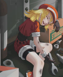 Rule 34 | 1girl, belt, bike shorts, bike shorts under shorts, blonde hair, box, cabbie hat, capcom, cardboard box, closed eyes, commission, drooling, gloves, hat, highres, holding, holding wrench, long hair, mega man (series), mega man legends (series), open mouth, red hat, red shorts, rmilart, roll caskett (mega man), saliva, short sleeves, shorts, sitting, sleeping, solo, stain, thighs, tools, wrench