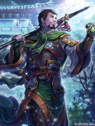 Rule 34 | 1boy, architecture, armor, beard, brown eyes, brown hair, cape, clenched hand, cloud, daisenran!! sangokushi battle, east asian architecture, facial hair, gloves, green cape, green gloves, male focus, official art, outdoors, over shoulder, polearm, sheath, sheathed, smile, solo, spear, standing, sword, tatsuya (atelier road), watermark, weapon, wide sleeves
