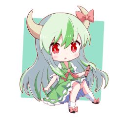 Rule 34 | 1girl, black footwear, border, bow, chibi, dress, ex-keine, footwear bow, full body, green background, green dress, green hair, highres, holding, horn bow, horn ornament, horns, kamishirasawa keine, long hair, looking at viewer, multicolored hair, open mouth, puffy short sleeves, puffy sleeves, red bow, red eyes, red neckwear, scroll, short sleeves, simple background, socks, solo, touhou, toyomagorilla, two-tone hair, white border, white footwear