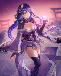 Rule 34 | 1girl, absurdres, anbe yoshirou, bare shoulders, braid, breasts, cleavage, detached collar, genshin impact, hair ornament, highres, japanese clothes, kimono, large breasts, long hair, long sleeves, low-braided long hair, low-tied long hair, mole, mole under eye, obi, off shoulder, purple eyes, purple hair, purple kimono, purple thighhighs, raiden shogun, sash, shrug (clothing), solo, thighhighs, thighs, wide sleeves