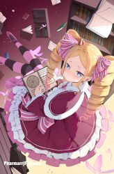 1girl absurdres beatrice_(re:zero) blonde_hair blue_eyes blush book bookshelf bug butterfly butterfly-shaped_pupils capelet closed_mouth commentary crown dress drill_hair frilled_dress frills fur-trimmed_capelet fur_trim highres holding holding_book insect long_hair long_sleeves looking_at_viewer mini_crown open_book pantyhose pharmarr pink_footwear pink_pupils pink_ribbon pout re:zero_kara_hajimeru_isekai_seikatsu ribbon sidelocks sitting solo striped_clothes striped_pantyhose symbol-shaped_pupils twin_drills