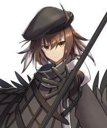 Rule 34 | 1girl, ahoge, arknights, beret, black gloves, black hair, black hat, brown hair, chagara, cloak, closed mouth, commentary request, feather hair, feathers, gloves, hair between eyes, hat, holding, holding polearm, holding spear, holding weapon, long sleeves, looking at viewer, multicolored hair, orange eyes, plume (arknights), polearm, short hair, simple background, solo, spear, two-tone hair, weapon, white background, white hair