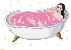 Rule 34 | 1girl, bathing, bathtub, blue eyes, completely nude, female focus, flower, long hair, looking at viewer, nico robin, nude, official art, one piece, partially submerged, solo