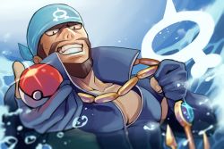 Rule 34 | 1boy, anchor necklace, archie (pokemon), bandana, beard, blue bandana, blue bodysuit, bodysuit, brown hair, chain, chain necklace, commentary request, creatures (company), dark-skinned male, dark skin, diving suit, dolustoy, facial hair, game freak, glint, grin, holding, holding poke ball, jewelry, logo, male focus, mustache, necklace, nintendo, poke ball, poke ball (basic), pokemon, pokemon oras, popped collar, short hair, smile, solo, team aqua, teeth, torn bodysuit, torn clothes, upper body, water, water drop, wetsuit