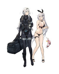 Rule 34 | 2girls, alternate costume, alternate hair color, an-94 (girls&#039; frontline), an-94 (the diving bell and the doll) (girls&#039; frontline), bare shoulders, bikini, black bikini, black ribbon, blue eyes, blush, bodysuit, bow, breasts, brown eyes, cleavage, closed mouth, combat knife, copyright name, detached collar, diving mask, diving suit, dropping, duoyuanjun, embarrassed, five-seven (cruise queen) (girls&#039; frontline), five-seven (girls&#039; frontline), flying sweatdrops, food, full body, girls&#039; frontline, goggles, hair ornament, hair ribbon, hairband, holding, holding goggles, ice cream, knife, knife sheath, knife sheath, large breasts, leg ribbon, logo, long hair, looking at another, looking away, multiple girls, navel, official alternate costume, official art, open mouth, oxygen mask, oxygen tank, ponytail, ribbon, sandals, sheath, sidelocks, silver hair, simple background, standing, stomach, strap, sundae, surprised, swimsuit, thigh ribbon, very long hair, weapon, weapon bag, wetsuit, white background