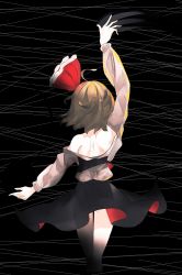 Rule 34 | 1girl, arm at side, arm up, ass, black background, black skirt, blonde hair, buttons, dress, from behind, hair ornament, hair ribbon, highres, long sleeves, looking away, o (crazyoton46), red ribbon, ribbon, rumia, shadow, short hair, silhouette, simple background, skirt, touhou