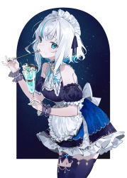 Rule 34 | 1girl, :3, apron, ars almal, asymmetrical legwear, back bow, bare shoulders, black thighhighs, blue eyes, blue hair, blue ribbon, bow, chocolate mint, choker, colored inner hair, cup, detached sleeves, dress, food, food on face, frilled apron, frilled dress, frills, gold trim, guru (nicocco), highres, holding, holding cup, holding spoon, ice cream, looking at viewer, maid, maid headdress, mint chocolate, multicolored hair, neck ribbon, nijisanji, parfait, puffy detached sleeves, puffy short sleeves, puffy sleeves, ribbon, short hair, short sleeves, solo, space print, spoon, star (symbol), star choker, starry sky print, streaked hair, thigh strap, thighhighs, virtual youtuber, white bow, white hair