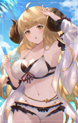 Rule 34 | 1girl, :o, ahoge, anila (granblue fantasy), anila (summer) (granblue fantasy), bad id, bad pixiv id, bikini, blonde hair, breasts, commentary request, draph, food, front-tie top, granblue fantasy, highres, horns, kiri ph, large breasts, long hair, popsicle, sheep horns, short eyebrows, solo, swimsuit, white bikini, yellow eyes