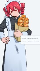 Rule 34 | 1girl, alternate costume, apron, atsuko (222atuko), bag, baguette, black dress, bread, closed mouth, commentary, dress, drill hair, enmaided, feet out of frame, food, frilled apron, frills, frown, hand on own hip, highres, holding, holding bag, jitome, kasane teto, long dress, looking down, maid, maid apron, maid headdress, paper bag, red eyes, red hair, request inset, short hair, simple background, solo, standing, translated, twin drills, utau, white apron, white background