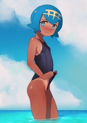 Rule 34 | 1girl, blue eyes, blue hair, breasts, bright pupils, cloud, commentary, covered erect nipples, creatures (company), dark-skinned female, dark skin, day, freckles, from side, game freak, hairband, highres, lana (pokemon), looking at viewer, nintendo, no sclera, one-piece swimsuit, outdoors, panapana (pixiv 12562150), parted lips, pokemon, pokemon sm, short hair, sky, small breasts, smile, solo, swimsuit, tan, tanline, wading, water, white pupils, yellow hairband