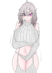Rule 34 | 1girl, absurdres, ahoge, bare shoulders, blush, breasts, cable knit, detached sleeves, eyes visible through hair, frim 02, grey hair, grey sweater, hair ornament, hair over one eye, highres, large breasts, long hair, looking at viewer, meme attire, mole, mole under eye, naked sweater, nijisanji, pink eyes, ribbed sweater, simple background, sleeveless, sleeveless turtleneck, solo, sukoya kana, sweater, turtleneck, turtleneck sweater, virgin destroyer sweater, virtual youtuber, x hair ornament