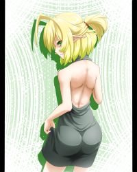 Rule 34 | 1girl, ahoge, ass, back, backless dress, backless outfit, blonde hair, dress, female focus, green eyes, highres, looking back, mizuhashi parsee, pillarboxed, pointy ears, profile, short hair, short ponytail, solo, touhou, yuuki (yukigeshou hyouka)