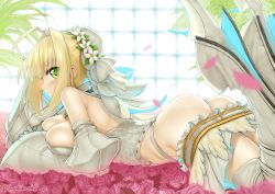 Rule 34 | 10s, 1girl, ahoge, ass, bare shoulders, belt, blonde hair, blush, boots, breasts, bridal veil, chain, cleavage, clothes pull, detached sleeves, eyes visible through hair, fate/extra, fate/extra ccc, fate (series), flower, flower bed, glowing, green eyes, hair flower, hair intakes, hair ornament, high heels, large breasts, legs up, lock, looking at viewer, lying, nero claudius (bride) (fate), nero claudius (bride) (second ascension) (fate), nero claudius (fate), nero claudius (fate) (all), on stomach, padlock, petals, plant, rose, short hair, skirt, skirt pull, smile, solo, suga hideo, thigh boots, thighhighs, twitter username, veil, window, zipper