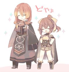 Rule 34 | 1boy, 1girl, bad id, bad pixiv id, bare shoulders, blonde hair, boots, bow, bracelet, brother and sister, brown hair, cape, chibi, delthea (fire emblem), closed eyes, fang, fire emblem, fire emblem echoes: shadows of valentia, jewelry, long hair, low ponytail, luthier (fire emblem), multicolored hair, multiple girls, nintendo, open mouth, orange hair, ponytail, siblings, simple background, sparkle, teu (navy), two-tone hair, white background