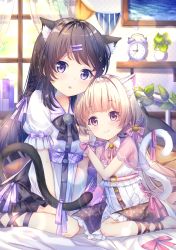 Rule 34 | 2girls, absurdres, alarm clock, animal ear fluff, animal ears, barefoot, bed, black hair, blush, bow, braid, cat ears, cat girl, cat tail, clock, closed mouth, commentary request, curtains, day, dress, frilled dress, frills, hair bow, hair ornament, hairclip, highres, indoors, light brown hair, long hair, multiple girls, on bed, original, painting (object), parted lips, pennant, pink bow, plant, polka dot, potted plant, puffy short sleeves, puffy sleeves, purple bow, purple eyes, red bow, red eyes, shelf, short sleeves, sitting, size difference, smile, sparkle, string of flags, sunlight, tail, tail bow, tail ornament, torokeru none, transparent, very long hair, wariza, white dress, window, wrist cuffs