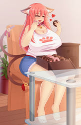 Rule 34 | 1girl, aki-san 94, animal ears, bare shoulders, barefoot, bell, breasts, cat ears, cat girl, cat tail, chair, cleavage, collar, doughnut, eating, closed eyes, female focus, food, highres, huge breasts, miniskirt, multiple tails, open mouth, original, plump, shirt, sitting, skirt, solo, table, tail, toes