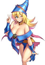 Rule 34 | 1girl, absurdres, arm up, bangs, belt, blonde hair, blue dress, blue footwear, blue headwear, blush, boots, bracer, breasts, cleavage, dark magician girl, dress, green eyes, groin, hat, highres, knee boots, large breasts, leg up, long hair, looking at viewer, off-shoulder dress, off shoulder, one eye closed, showgirl skirt, smile, sole gem, solo, standing, standing on one leg, very long hair, white background, wink, wizard hat, yu-gi-oh!