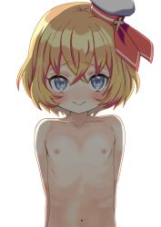 Rule 34 | 1girl, absurdres, blonde hair, blue eyes, blush, breasts, closed mouth, hat, highres, jashin-chan dropkick, lierre, looking at viewer, mini hat, navel, nipples, no bra, short hair, small breasts, solo, t4 sl1, upper body