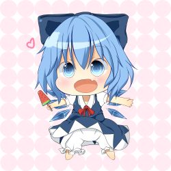 Rule 34 | 1girl, akisha, bad id, bad pixiv id, blue eyes, blue hair, blush, bow, chibi, cirno, dress, fang, food, hair bow, heart, ice, ice wings, matching hair/eyes, open mouth, popsicle, solo, touhou, watermelon bar, wings