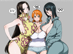 Rule 34 | 3girls, ass, black hair, blue eyes, blush, boa hancock, bobobo, breasts, center opening, cleavage, curvy, earrings, female focus, hand on own hip, highres, hip focus, huge breasts, jacket, jewelry, long hair, measurements, multiple girls, nami (one piece), nico robin, one piece, open clothes, open jacket, orange hair, short hair, shorts, simple background, smile, tank top, wallpaper