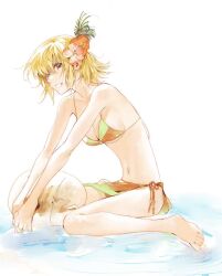 Rule 34 | 1girl, afloat, bikini, blonde hair, breasts, cagalli yula athha, cleavage, dssa193478, flower, gundam, gundam seed, gundam seed destiny, gundam seed freedom, hair flower, hair ornament, holding, looking at viewer, medium breasts, navel, red flower, short hair, side-tie bikini bottom, simple background, sitting, smile, solo, stomach, string bikini, swimsuit, wariza, water, white background, yellow eyes