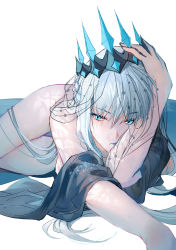Rule 34 | 1girl, absurdres, blue eyes, braid, breasts, cleavage, crown, dress, fate/grand order, fate (series), french braid, grey hair, highres, lalatia-meai, large breasts, long hair, long sleeves, looking at viewer, morgan le fay (fate), morgan le fay (queen of winter) (fate), ponytail, sidelocks, solo, thighs, veil, very long hair