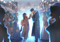 Rule 34 | 1boy, 6+girls, animal ears, backpack, bag, black hair, blue coat, blue dress, blurry, blurry foreground, blush, bokeh, brown coat, castle, chinese commentary, christmas lights, coat, commentary request, crowd, depth of field, disneyland, dress, eye contact, fake animal ears, feet out of frame, fur-trimmed coat, fur trim, hetero, kiss, kissing hand, light particles, long sleeves, looking at another, love and producer, mickey mouse ears, mouse ears, multiple girls, original, outdoors, pink dress, profile, red scarf, scarf, short hair, tefco, tiara