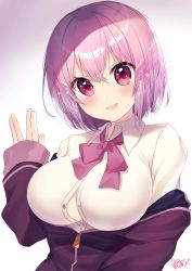 Rule 34 | 10s, 1girl, absurdres, bad id, bad pixiv id, blush, bow, bowtie, breasts, gradient background, gridman universe, highres, large breasts, looking at viewer, nenobi (nenorium), open mouth, pink bow, pink bowtie, pink eyes, pink hair, shinjou akane, shirt, short hair, signature, sleeves past wrists, smile, solo, ssss.gridman, white background, white shirt