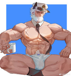 Rule 34 | 1boy, abs, absurdres, animal ears, arknights, bara, beard, black necktie, briefs, bulge, cat ears, cigarette, cross scar, cup, detached collar, facial hair, hat, highres, holding, holding cup, large pectorals, crossed legs, male focus, male underwear, mature male, mug, muscular, muscular male, mustache, navel, navel hair, necktie, nipples, old, old man, pancho salas (arknights), pectorals, sailor hat, scar, scar on chest, short hair, simple background, socks, solo, stomach, thick thighs, thighs, topless male, underwear, underwear only, wet, wet clothes, wet male underwear, white hair, white male underwear, xiedaifenshi (7329016845)