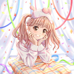 Rule 34 | 1girl, animification, blush, brown eyes, brown hair, chinese commentary, confetti, hair behind ear, hands on own cheeks, hands on own face, highres, izone, k-pop, long sleeves, looking at viewer, mask, mask on head, mixed-language commentary, parted lips, pillow, pink sweater, real life, sleep mask, smile, solo, streamers, sweater, twintails, yabuki nako, yohane yoshiko