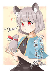 Rule 34 | 1girl, 2020, adapted costume, animal, animal ear fluff, animal ears, black dress, blue capelet, border, capelet, chinese zodiac, closed mouth, crystal, dress, grey hair, heart, highres, holding, holding animal, jewelry, light smile, looking at animal, miyangoroge, mouse (animal), mouse ears, mouse girl, nazrin, pendant, red eyes, short hair, signature, simple background, solo, touhou, white border, year of the rat, yellow background