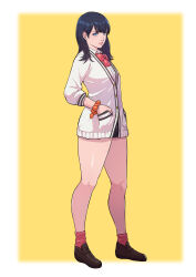 Rule 34 | 1girl, absurdres, black hair, black skirt, blue eyes, bow, bowtie, breasts, cardigan, cirenk, commission, full body, gridman universe, hands in pockets, highres, long hair, long sleeves, looking at viewer, medium breasts, microskirt, orange scrunchie, red bow, red bowtie, red socks, school uniform, scrunchie, shirt, simple background, skirt, socks, solo, ssss.gridman, standing, sweater, takarada rikka, thick thighs, thighs, white cardigan, white shirt, white sweater, wrist scrunchie